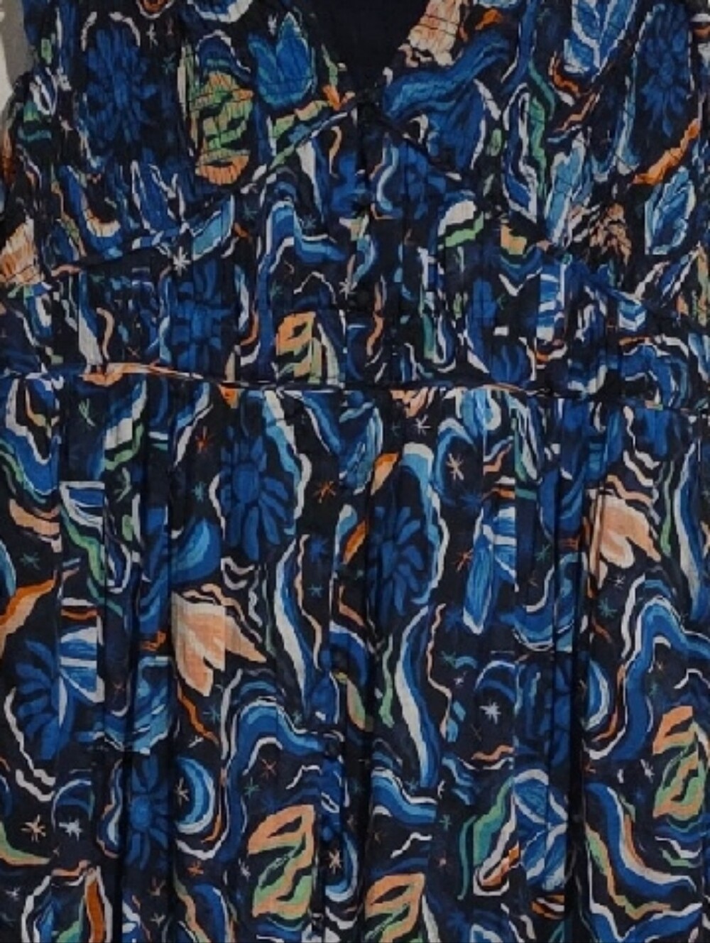 Anthropologie Navy Floral Midi Dress with Orange & Green Accents